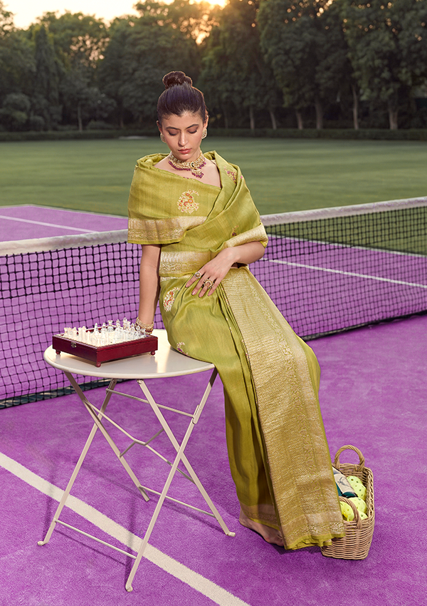 Mehendi Green Butta Saree in Georgette Tussar