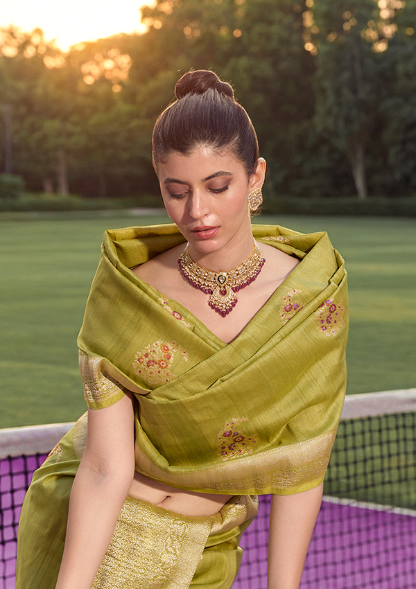 Mehendi Green Butta Saree in Georgette Tussar