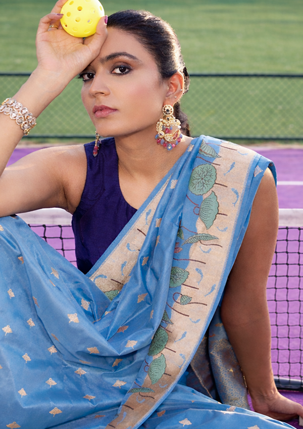 Sky Blue Butti Saree in Silk