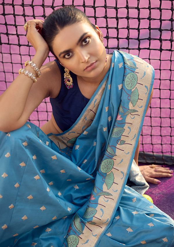 Sky Blue Butti Saree in Silk