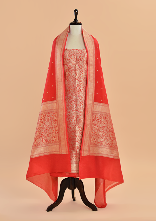 Silk Dress in Tomato Red Brocade