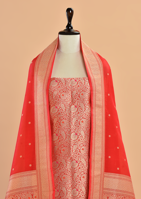Silk Dress in Tomato Red Brocade
