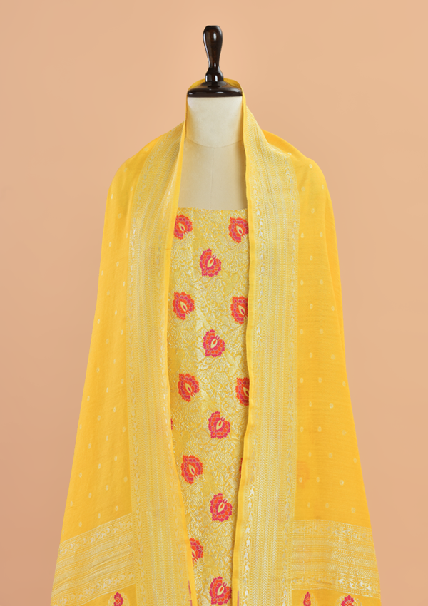 Yellow Brocade Dress in Georgette Tussar