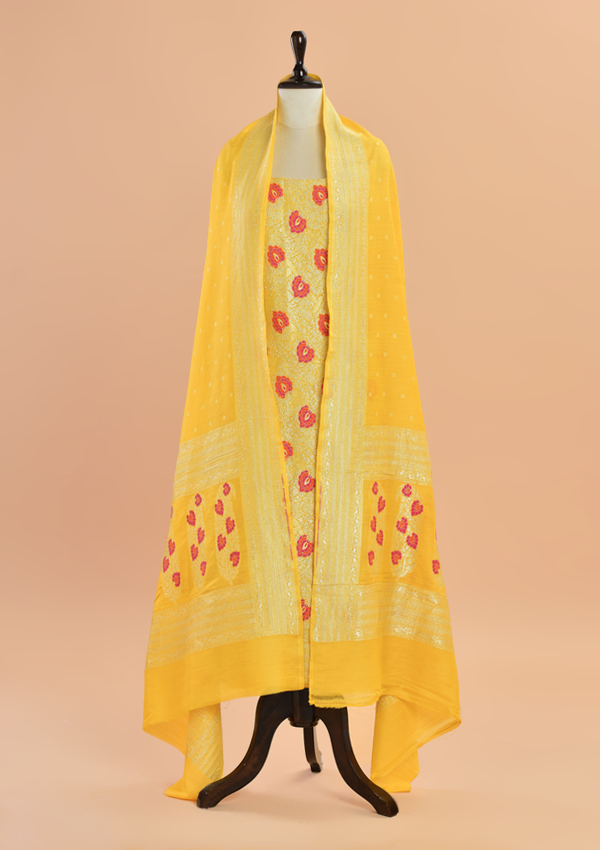 Yellow Brocade Dress in Georgette Tussar