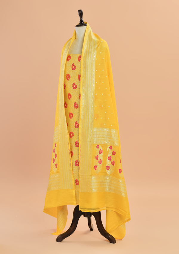 Yellow Brocade Dress in Georgette Tussar