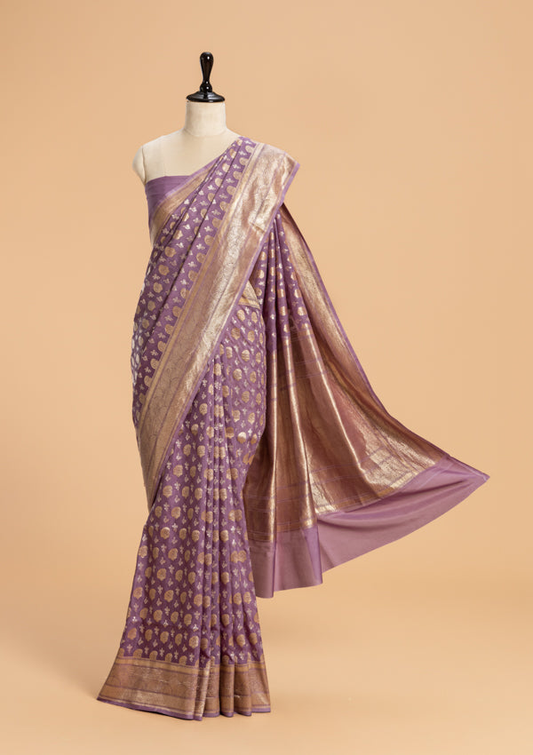 Mauve Kadwa Butta Muslin Silk Saree