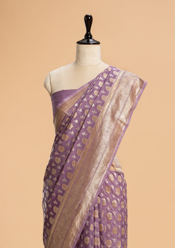 Mauve Kadwa Butta Muslin Silk Saree