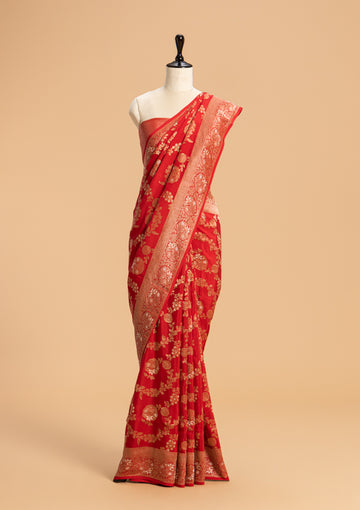 Red Kadwa Jaal Muslin Silk Saree