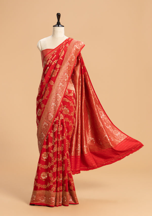 Red Kadwa Jaal Muslin Silk Saree