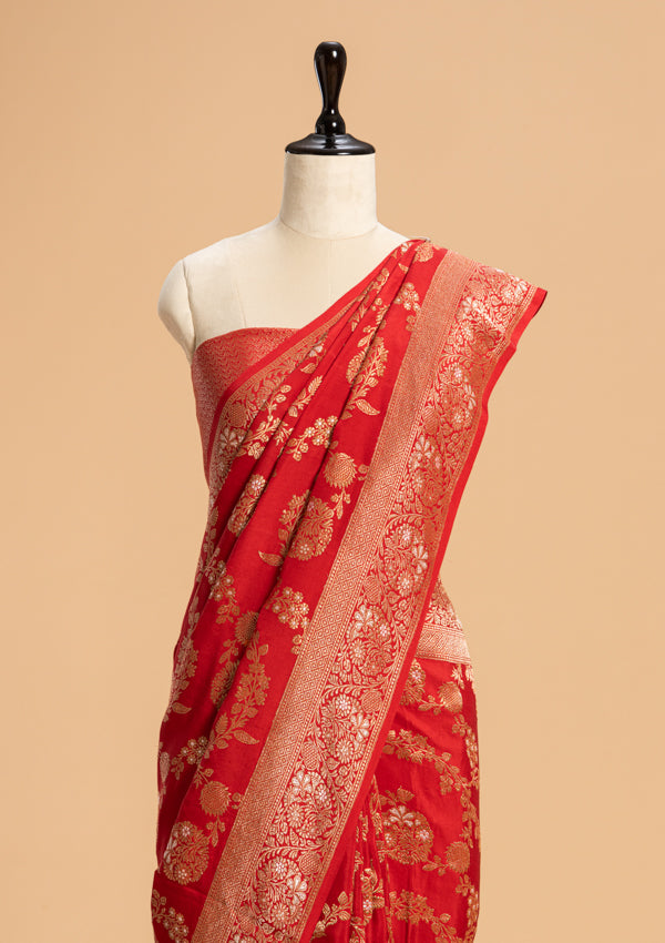 Red Kadwa Jaal Muslin Silk Saree