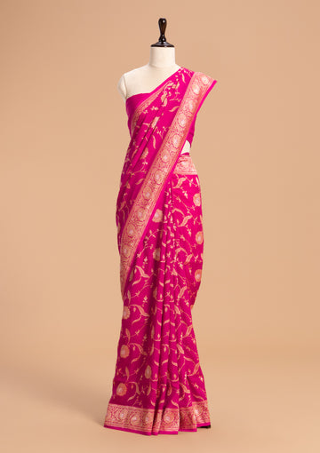 Rani Pink Kadwa Jaal Muslin Silk Saree