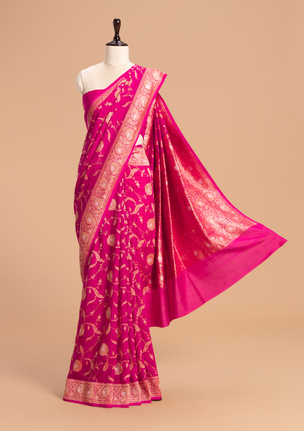 Rani Pink Kadwa Jaal Muslin Silk Saree