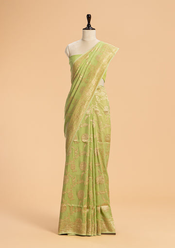 Pistachio Green Kadwa Jaal Muslin Silk Saree