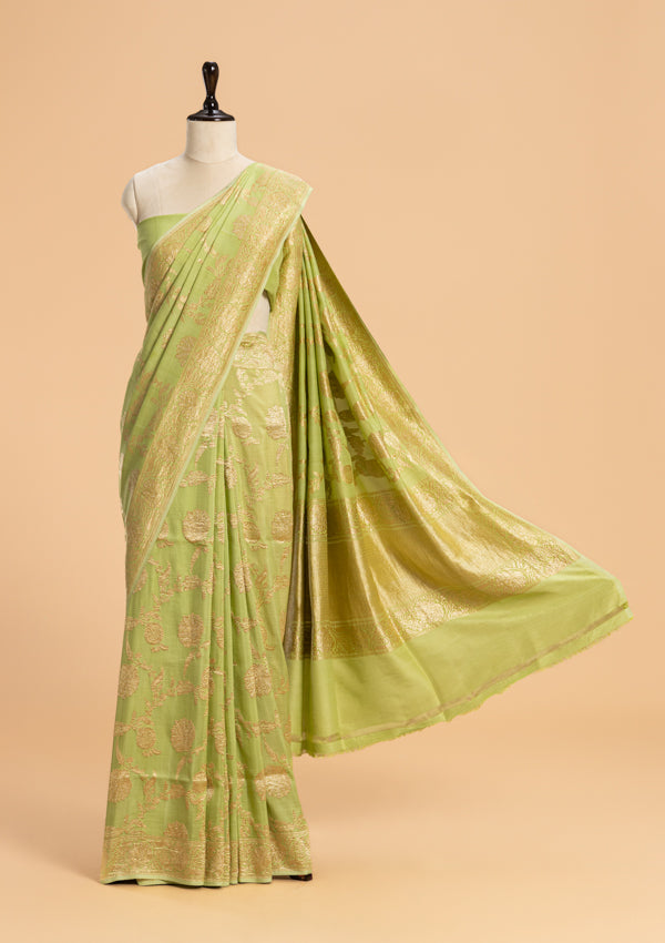 Pistachio Green Kadwa Jaal Muslin Silk Saree