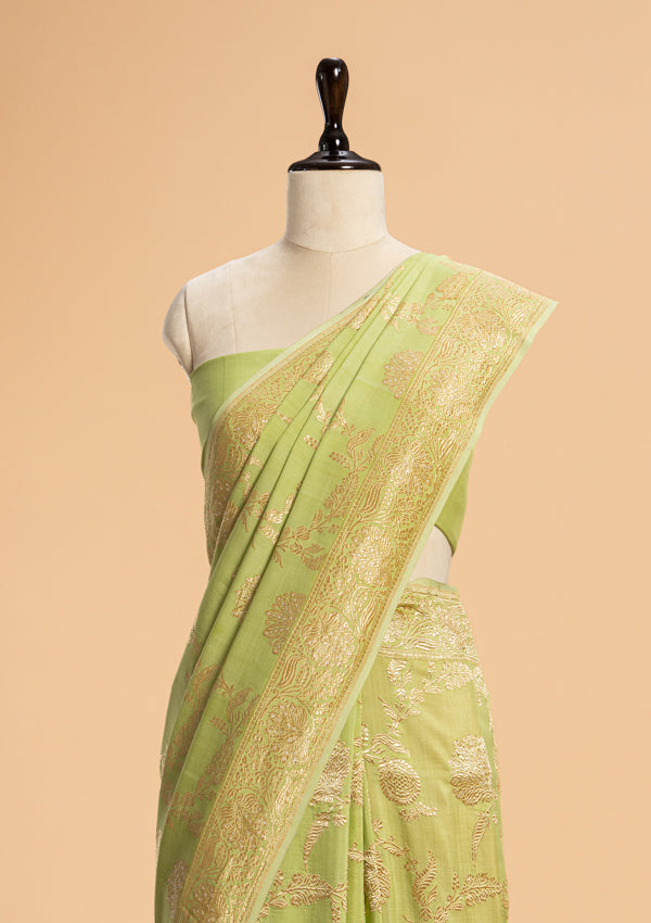 Pistachio Green Kadwa Jaal Muslin Silk Saree