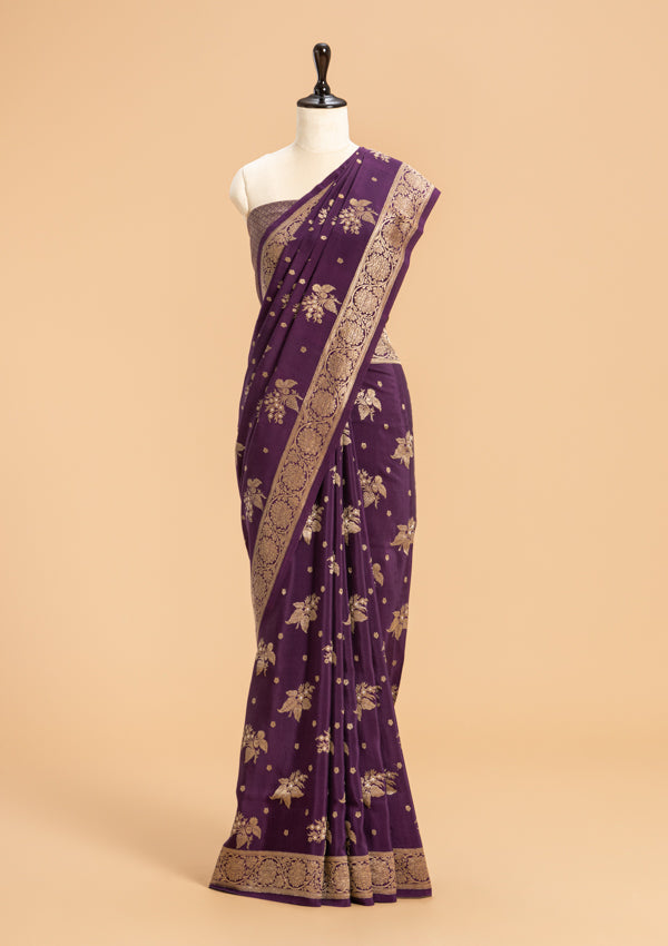 Wine Kadwa Butta Muslin Silk Saree