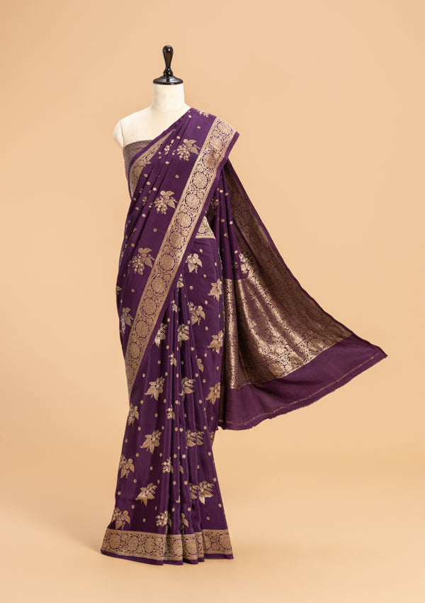 Wine Kadwa Butta Muslin Silk Saree