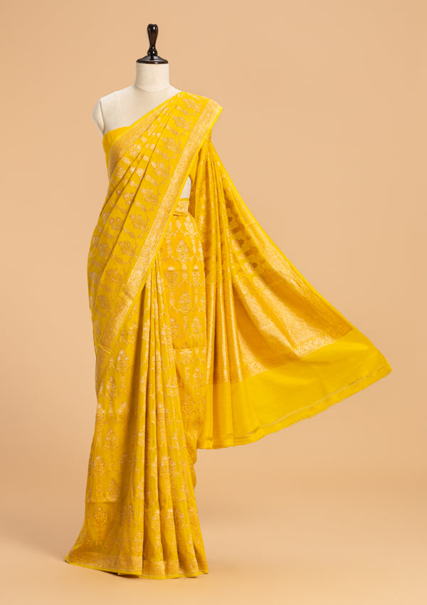 Yellow Kadwa Jaal Muslin Silk Saree