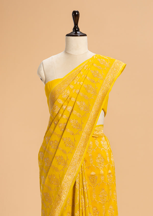 Yellow Kadwa Jaal Muslin Silk Saree
