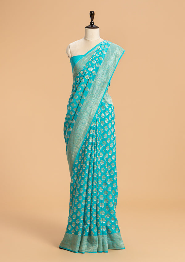 Firozi Kadwa Butta Muslin Silk Saree