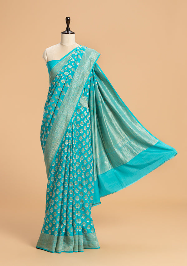 Firozi Kadwa Butta Muslin Silk Saree