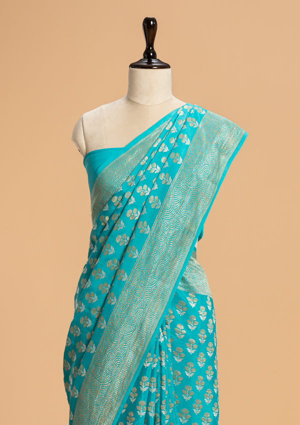 Firozi Kadwa Butta Muslin Silk Saree