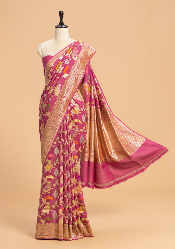 Wine Kadwa Jaal Georgette Tussar Saree