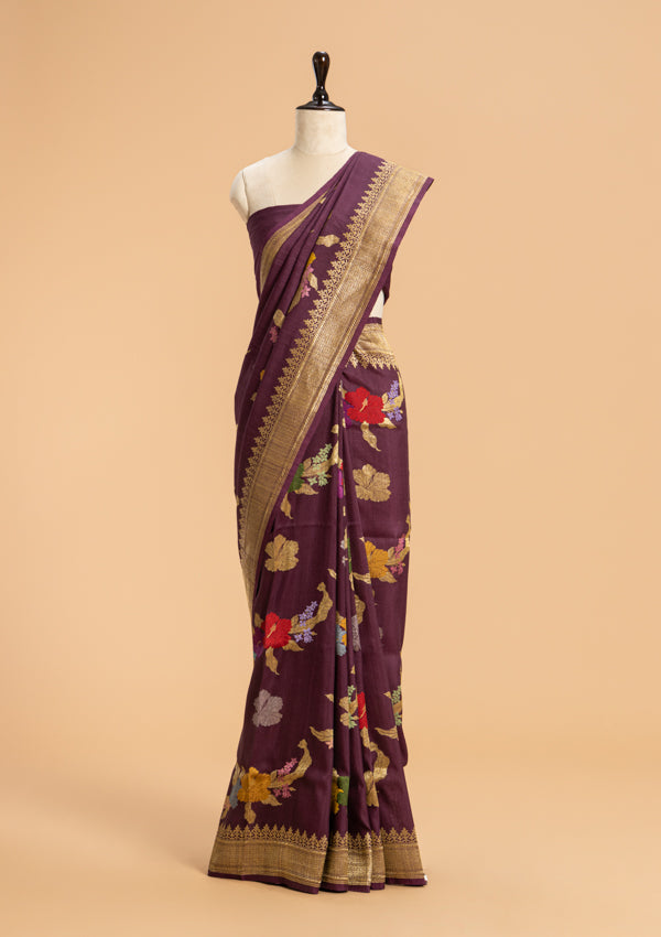 Wine Kadwa Butta Georgette Tussar Saree