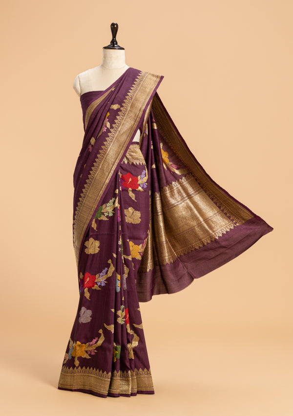 Wine Kadwa Butta Georgette Tussar Saree