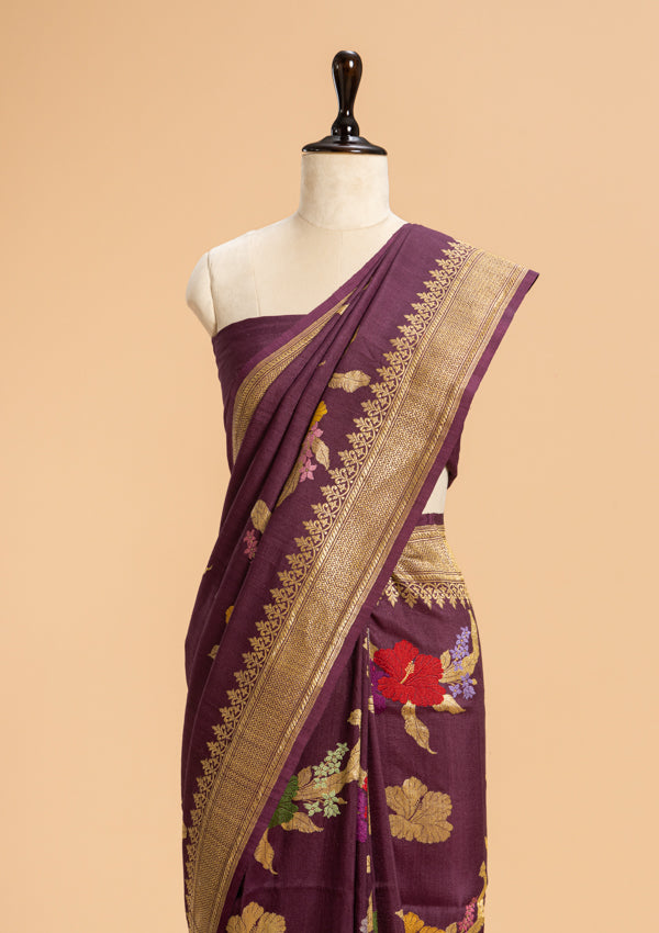 Wine Kadwa Butta Georgette Tussar Saree