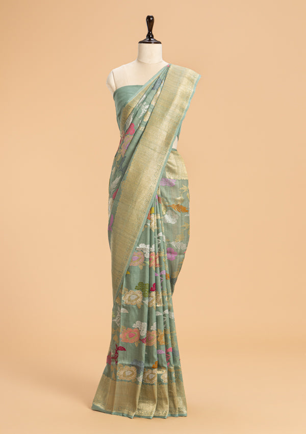 Firozi Kadwa Jaal Georgette Tussar Saree