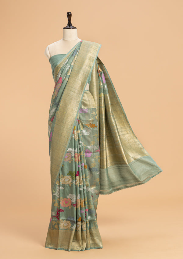 Firozi Kadwa Jaal Georgette Tussar Saree