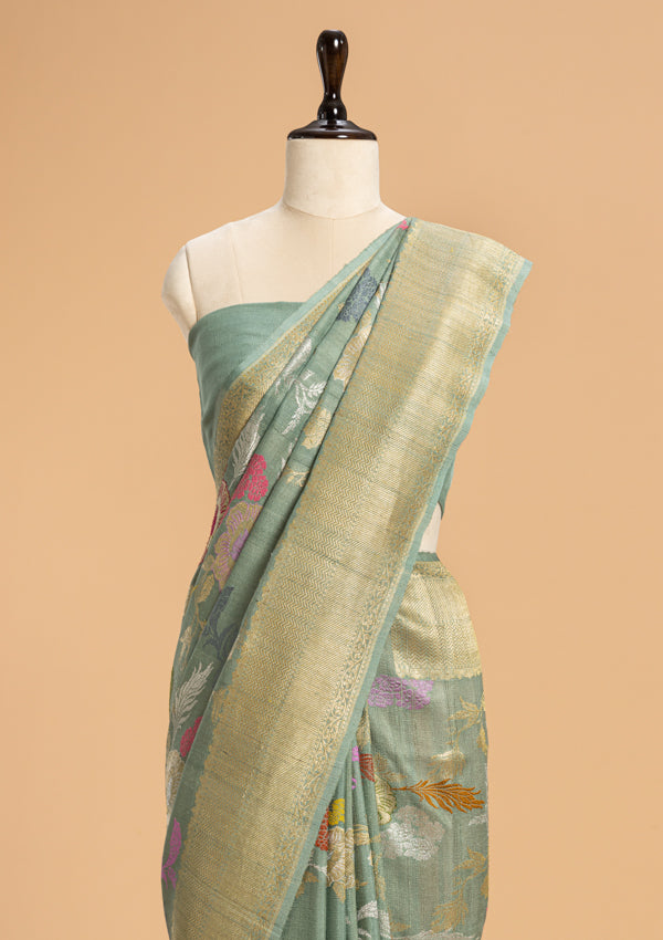 Firozi Kadwa Jaal Georgette Tussar Saree