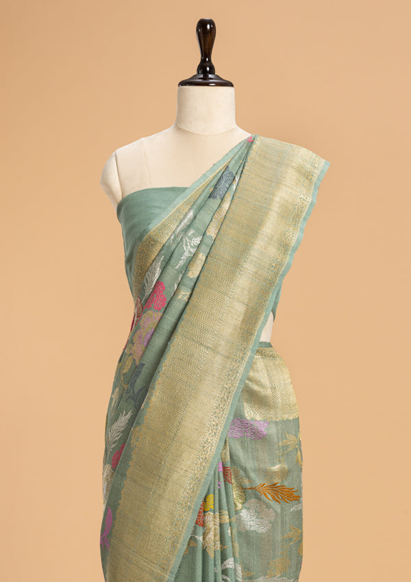 Jade Green Kadwa Jaal Georgette Tussar Saree