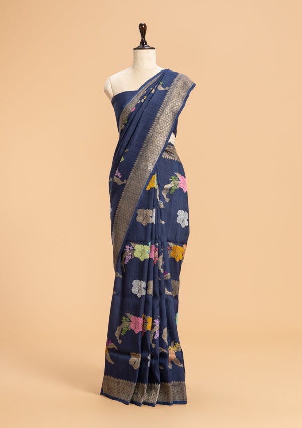 Navy Blue Kadwa Butta Georgette Tussar Saree