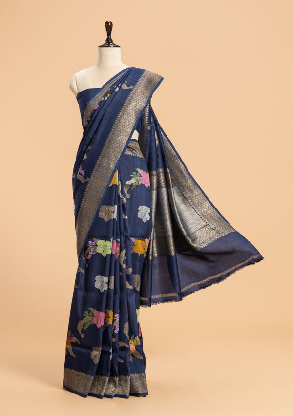 Navy Blue Kadwa Butta Georgette Tussar Saree
