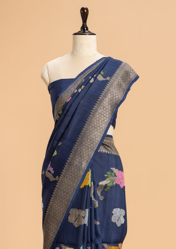 Navy Blue Kadwa Butta Georgette Tussar Saree