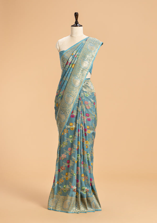 Cobalt Blue Kadwa Jaal Georgette Tussar Saree