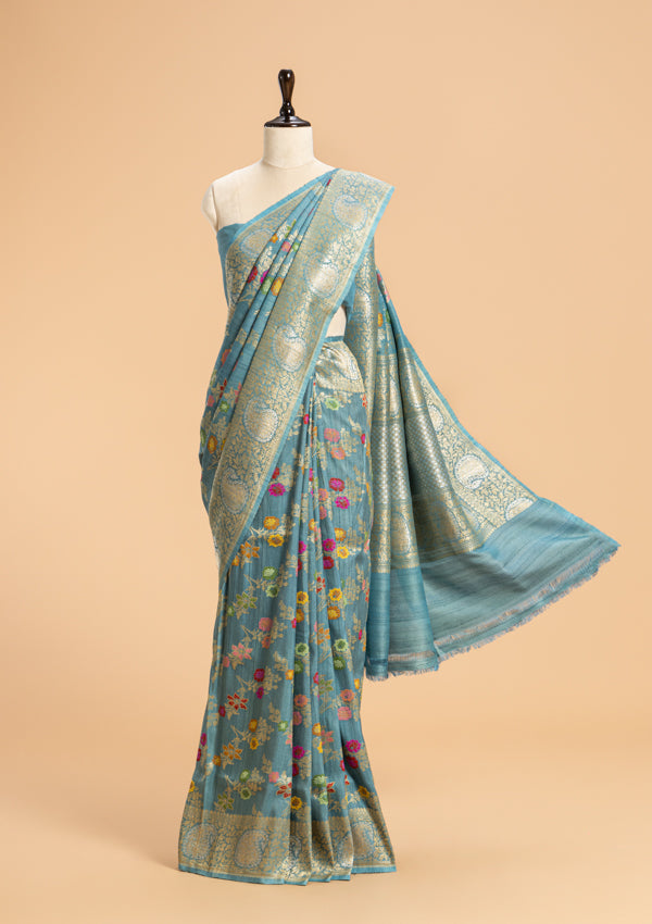Cobalt Blue Kadwa Jaal Georgette Tussar Saree