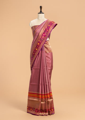 Gajar Pink Kadwa Tussar Silk Saree