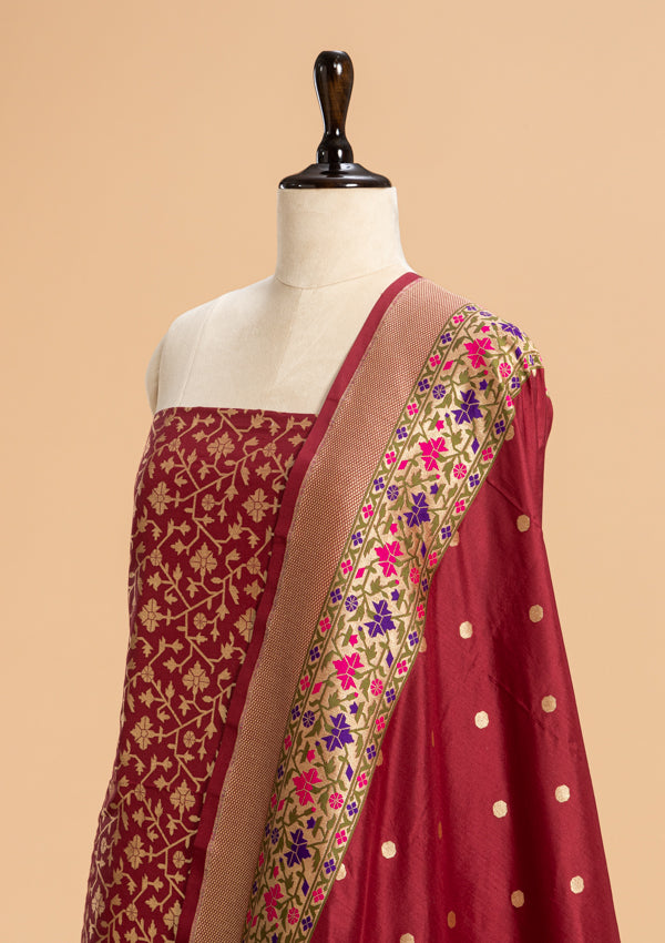 Maroon Jamdani Silk Dress