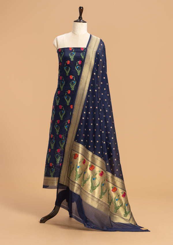 Navy Blue Jamdani Silk Dress