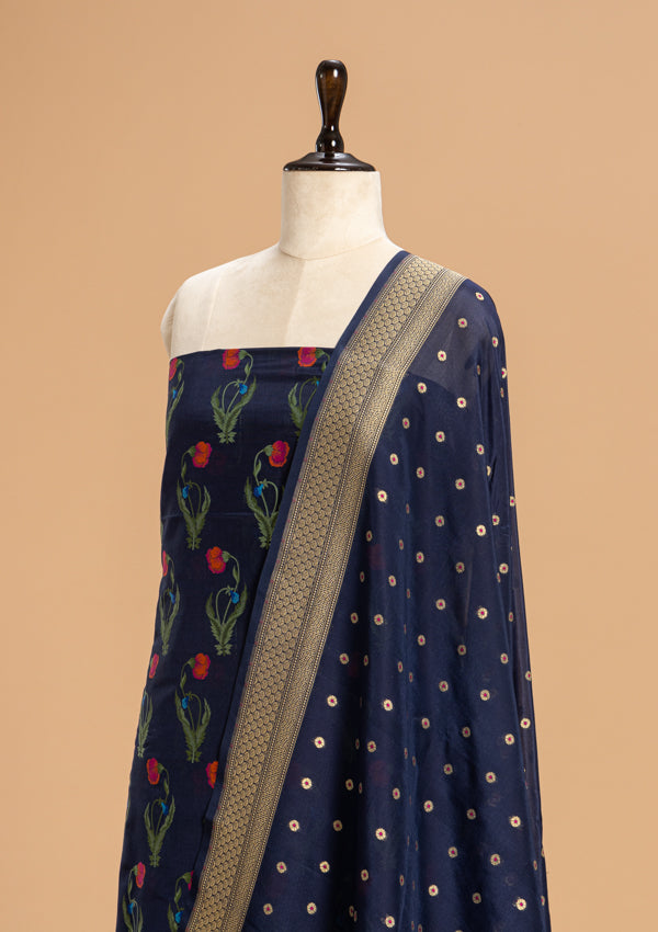 Navy Blue Jamdani Silk Dress