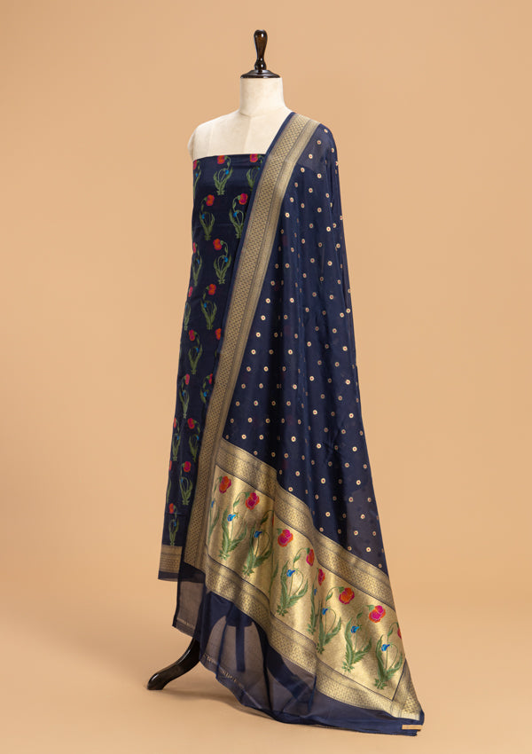 Navy Blue Jamdani Silk Dress