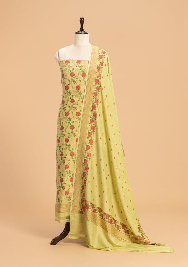 Pista Green Jamdani Georgette Tussar Dress