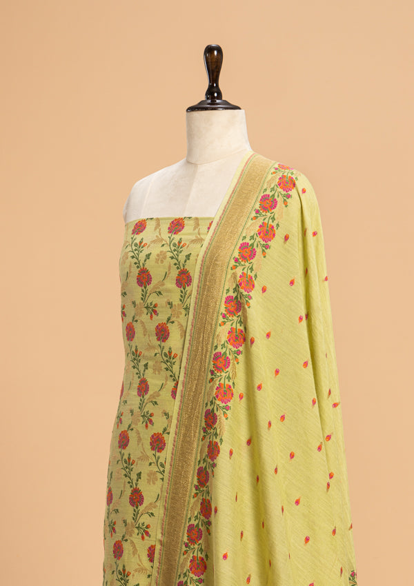 Pista Green Jamdani Georgette Tussar Dress