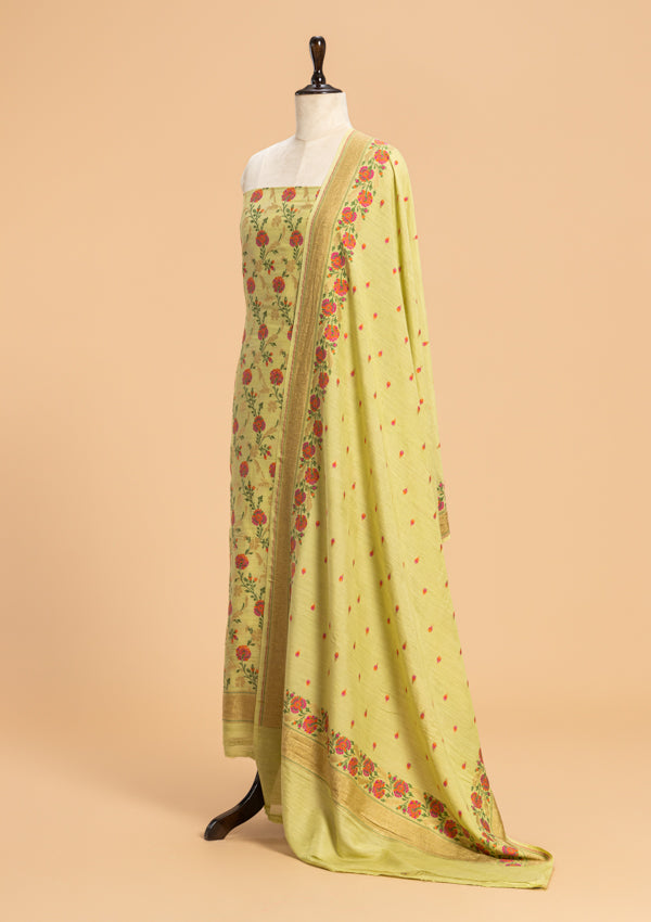 Pista Green Jamdani Georgette Tussar Dress