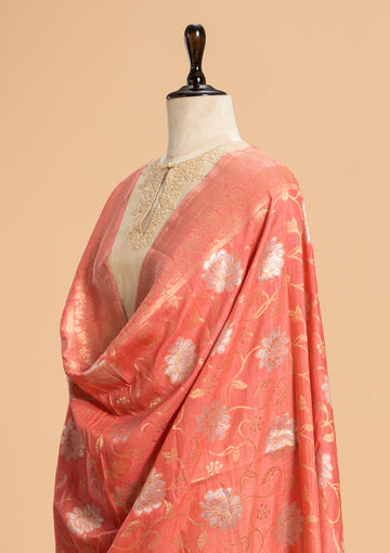 Strawberry Pink Jamdani Georgette Tussar Dupatta