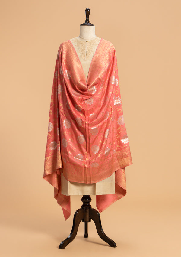 Strawberry Pink Jamdani Georgette Tussar Dupatta