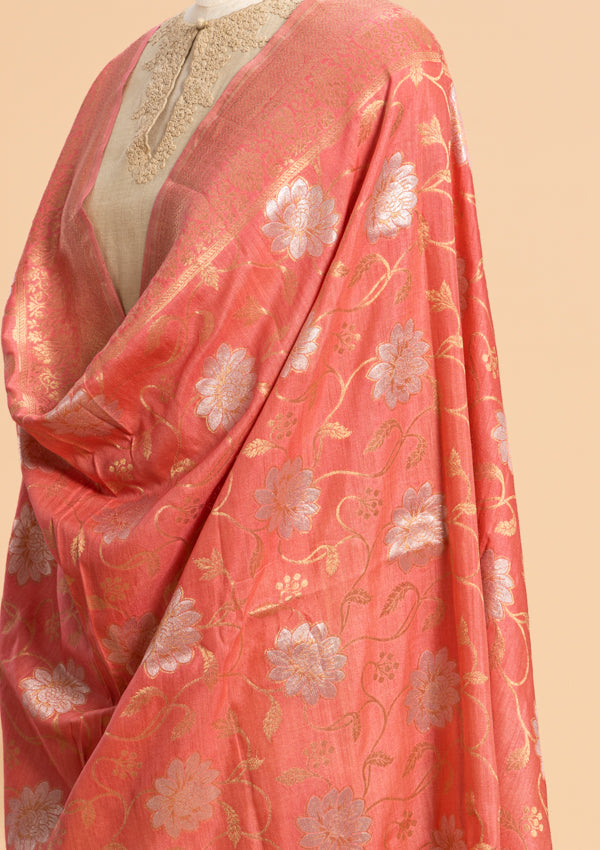 Strawberry Pink Jamdani Georgette Tussar Dupatta